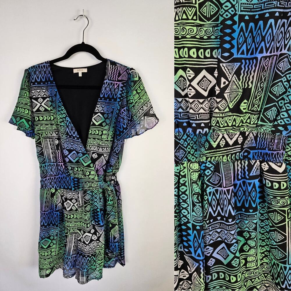 HALO Short Sleeve Romper SIze Medium Deep Plunge V Neck Wrap Style TIe